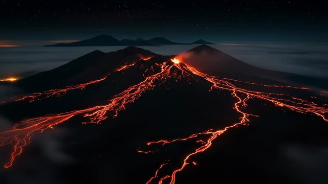 Volcano eruption at night glowing lava streams across misty landscape
