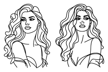 female portrait line art with long wavy hair