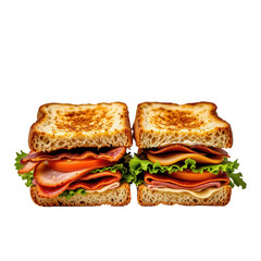 Freshly Made Sandwich with Layers of Ham, Turkey, Lettuce, and Toasted Bread on a White Background