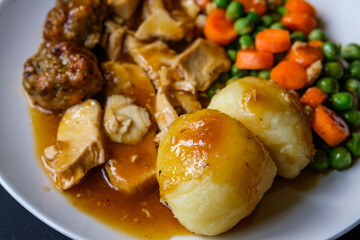 Traditional British Favourite Roast Chicken Sunday Meal With Vegetables And Stuffing