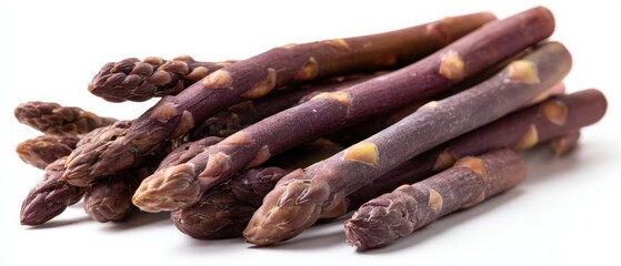 Purple asparagus pile isolated on white background showcasing fresh vegetables in a close up view