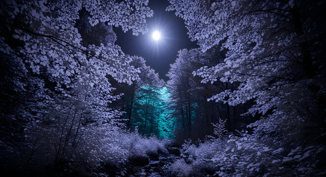 Enchanted Forest Canopy Illuminated By Lunar Glow At Night