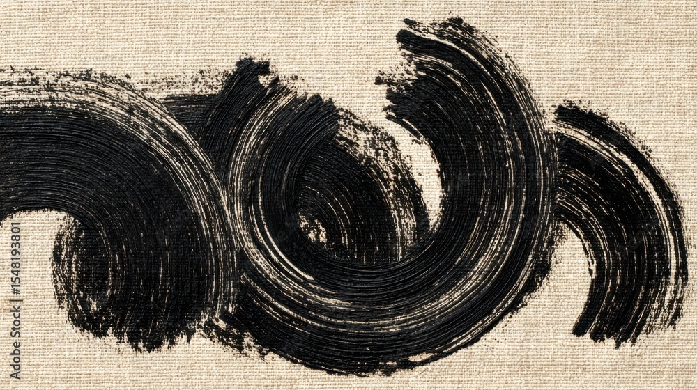 Poster bold black brush strokes create a sense of rhythm and flow on textured canvas. the artwork captures 