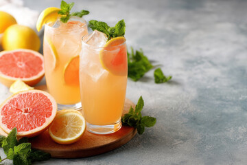 Fototapeta premium Refreshing summer cocktail with grapefruit juice and mint for sunny days and moments of relaxation