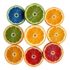 Obraz premium Colorful Assortment of Freshly Sliced Citrus Fruits in Vibrant Colors on a White Background