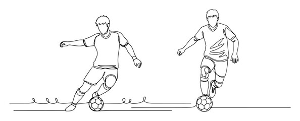 two soccer players kicking ball line drawing