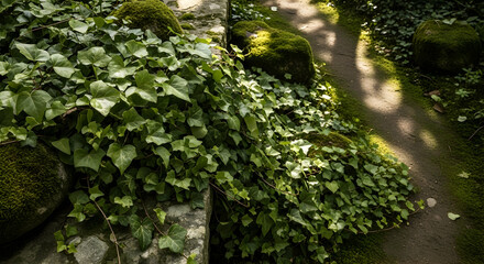 Obraz premium Lush Green Ivy Cascading Over Ancient Stone Along a Tranquil Garden Path
