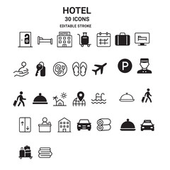 Hotel icon set. Hotel services related line icons: room, rental, reservation, hotel booking, parking, bellboy, breakfast, travel, vacation, holiday and more. Editable stroke. Vector illustration