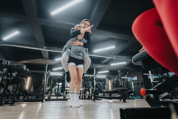 A lively scene of two gym-goers exuding energy and camaraderie as they participate in a playful...