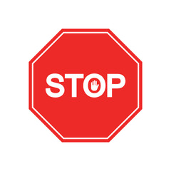 Red octagonal stop sign with bold white text and hand symbol. Flat vector illustration perfect for traffic signs, road safety graphics, caution messages, and user interface alerts.