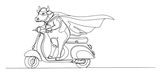 Fototapeta premium super cow riding scooter fast vector illustration made with thin line