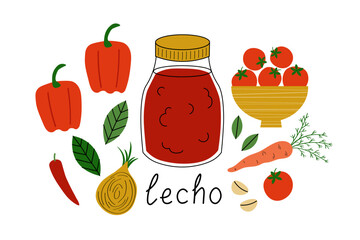lecho Hungarian cuisine vector illustration on isolated background. Canned sauce with tomatoes, red paprika, garlic, carrot, bay leaf, hot pepper, onion. Vegetable product, autumn homemade preserves