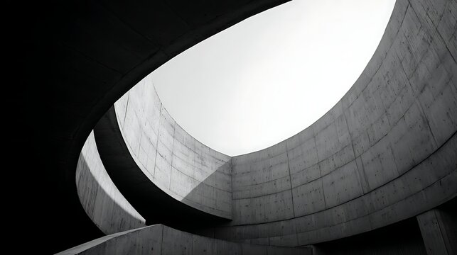 Monochrome concrete architecture curve shot from low angle, brutalist design style, editorial geometry .