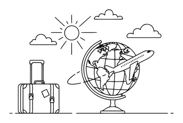 airplane flying around globe with suitcase monoline vector laser cutting engraving