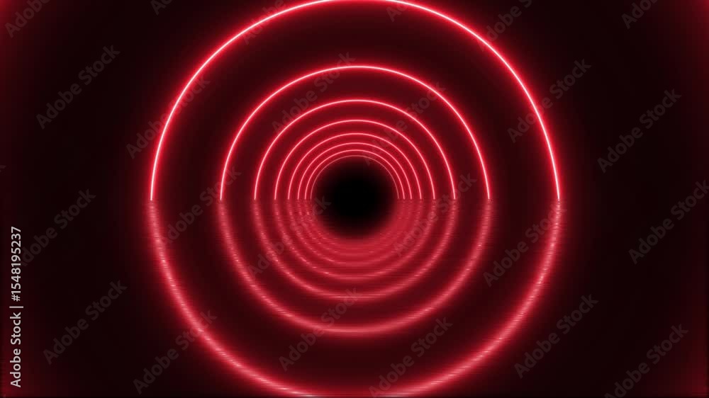 Poster looping abstract red neon glow tunnel animation with reflective futuristic rings receding into darkn