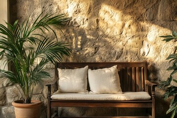 Atmospheric photo of rustic wooden bench topped with soft linen cushion against textured stone walls and accompanied by potted palm plant, evoking calm Mediterranean vibe