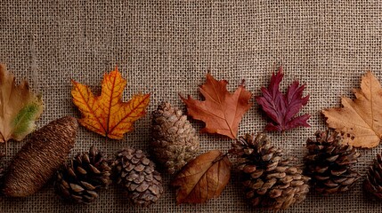November 26 Thanksgiving Day autumn leaves and pinecones flat lay on burlap fabric, rustic harvest-themed design .