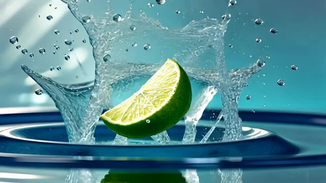 Fresh Lime Wedge Splashing into Clear Water in High Speed Motion with Droplets and Ripples Against Blue Backdrop