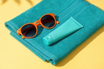 Summer essentials sunglasses sunscreen and beach towel