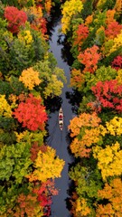 Autumnal River Journey: A Canoe glides through vibrant fall foliage, creating a breathtaking aerial view.