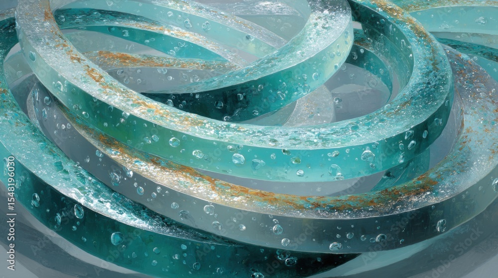 Poster clear and turquoise glass ribbons twist and loop in a creative, artistic arrangement. bubbles trappe