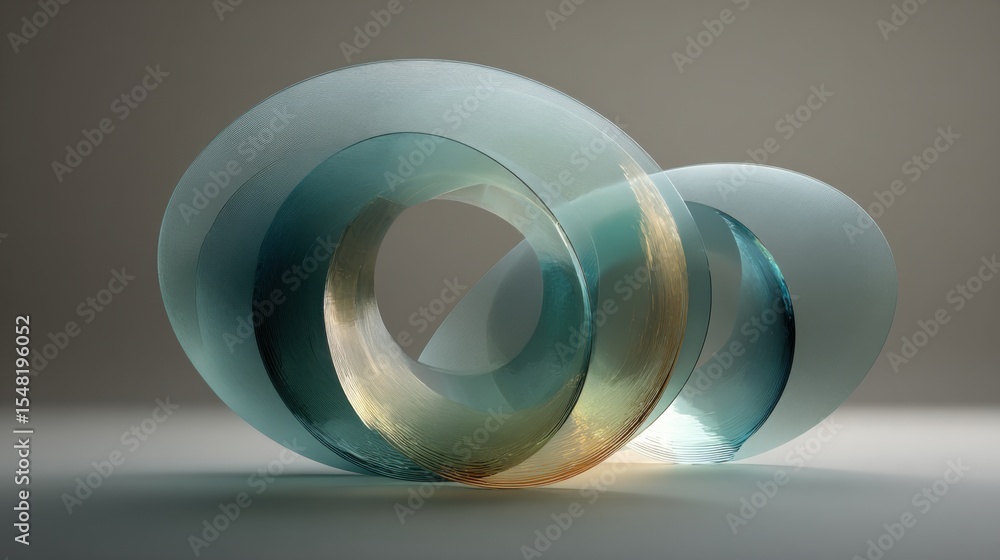 Poster in a softly lit environment, an abstract glass sculpture displays swirling curves and translucent la