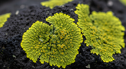 Lichen Growth Flourishing On Volcanic Rock Displaying Vibrant Yellow And Green Hue