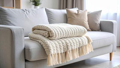 Cozy Throw Blanket Folded Neatly on Sofa in a Minimal and Comfortable Living Room Setting