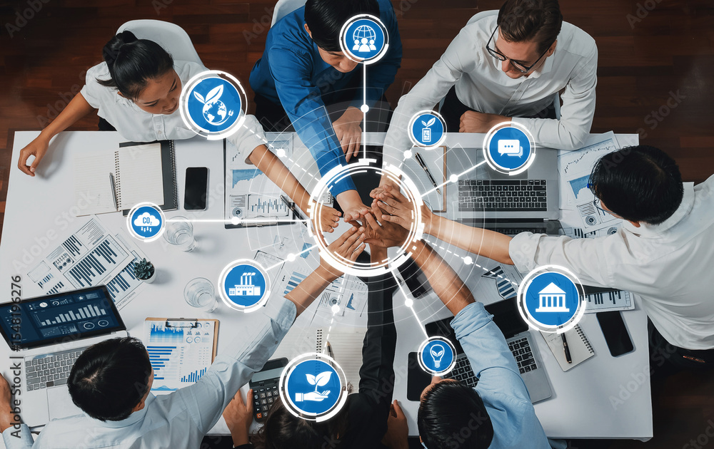 Aufkleber a dynamic business meeting scene featuring diverse individuals collaborating around a table, symboli