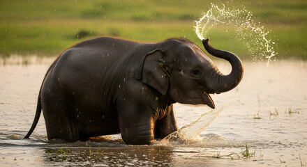 Obraz premium Delightful Elephant Calf Enjoying a Refreshing Bath in a Natural Watering Hole