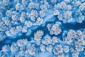 Aerial View Of Frozen River Flowing Through Snow Covered Forest In Magical Winter Landscape