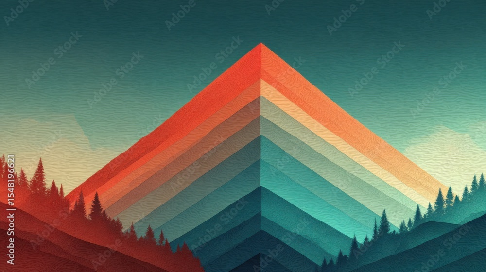 Poster layered mountain peak stands prominently against a vibrant sky, showcasing an array of colors that b