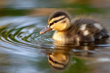 Surprised duckling paddling gently in shallow pond surrounded by shimmering water ripples