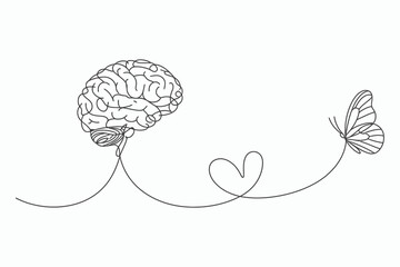 One line drawing brain heart butterfly connection