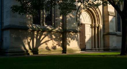 Obraz premium Sunlight Shadows on Architectural Stone Building Facade with Open Doorway