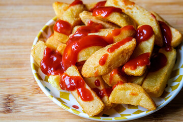 A Plate Of Thick Cut Chuncky Chips With Tomato Ketchup
