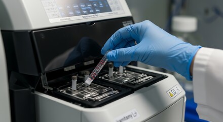 Gloved hand inserting sample tube into laboratory analyzer