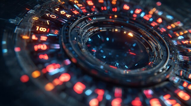Sci-fi holographic countdown wheel composed of segments lighting up one by one in circular motion .