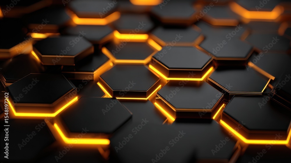 Poster intricate hexagonal shapes arranged closely on a dark background display glowing orange edges, creat