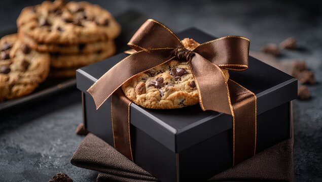 A chocolate chip cookie sits atop an elegant black gift box, adorned with a copper ribbon, against a backdrop of other cookies. The cookie is wrapped in brown paper and tied with a bow at its edge. - Powered by Adobe