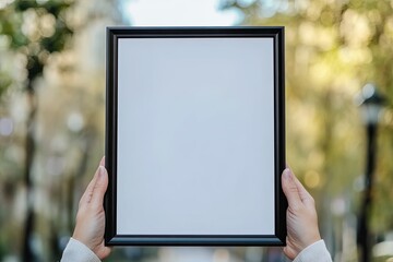 Blank framed photo in hands outdoors
