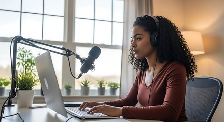 Young woman podcasting at home, using laptop and microphone