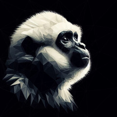 Low-poly vector depicts a portrait of a white gibbon in profile portrait. 
