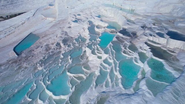 Denizli Pamukkale nature terraces travertine pools with blue water. Aerial top view landmark of Turkish.