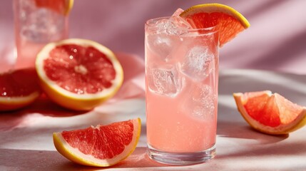 Refreshing pink grapefruit soda served with ice and citrus wedge on a soft pastel background, perfect for any summer gathering