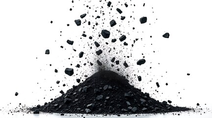 Dynamic artistic representation of crushed coal particles exploding against pure white background
