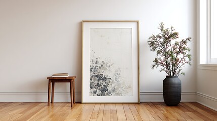 Thin white frame with abstract art leaning beside plant in modern minimalist room .