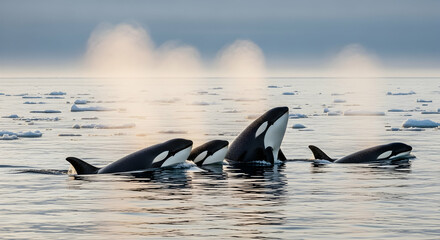 Fototapeta premium Orca Family Swimming In Cold Waters Surrounded By Floating Ice Pieces