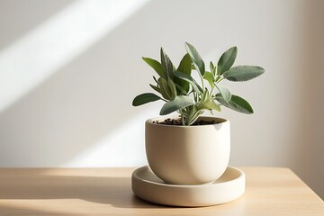 Sage plant in a beige pot casting shadows on a wooden table top