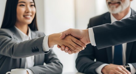 Businesswoman and businessman shaking hands, closing a deal, office setting
